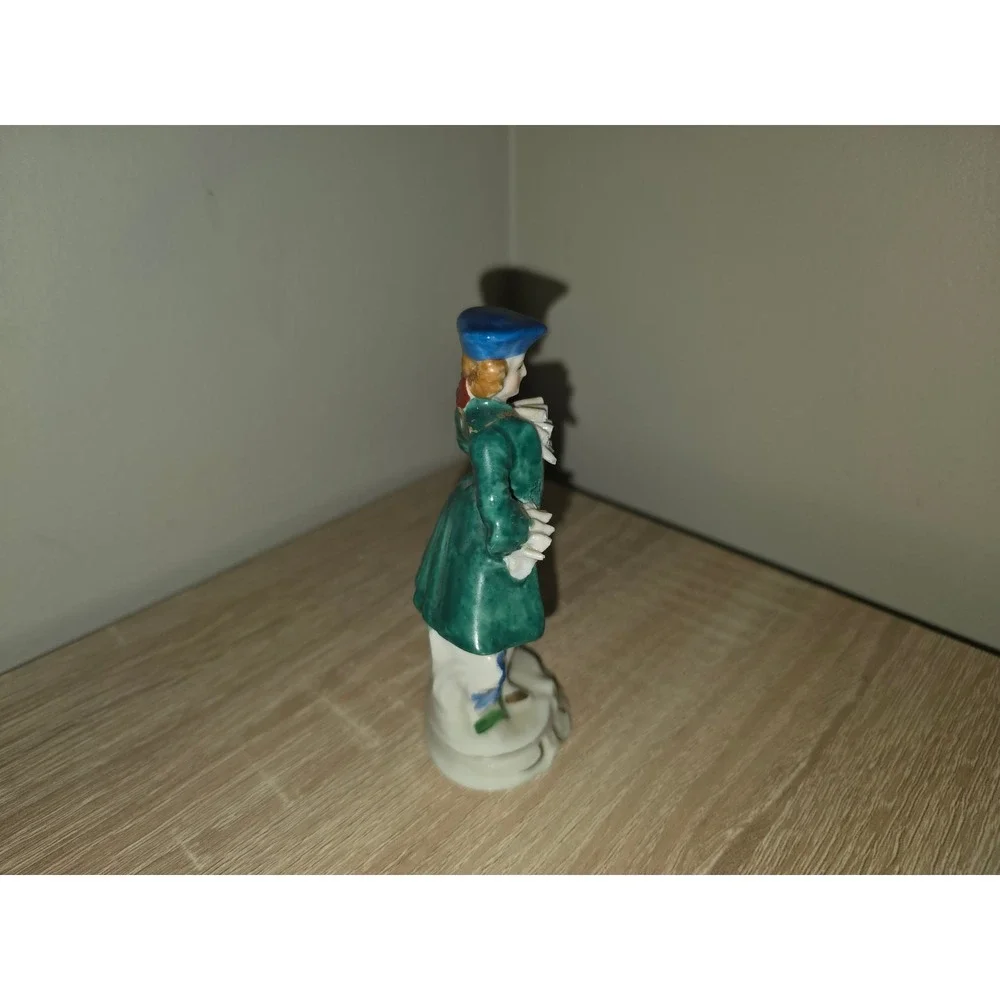 Vintage Occupied Japan Porcelain Gentleman Figurine Green Coat Blue Hat 1940s